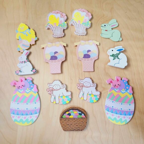 Set of 13 Easter Theme Wooden Refrigerator Magnets Vtg 80s Bunny Chick Egg Lamb - Picture 1 of 9